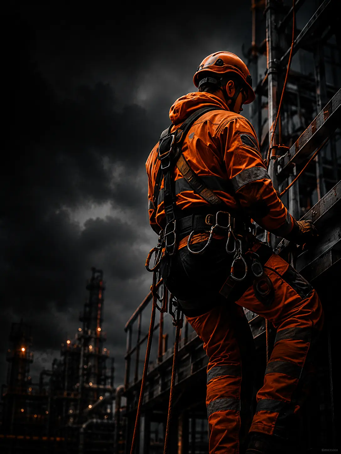Technik rope access w pomarańczowej odzieży pracujący na instalacji przemysłowej